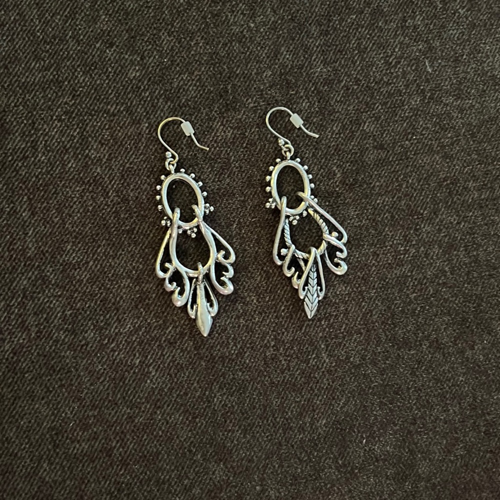 Silver dangly earrings.